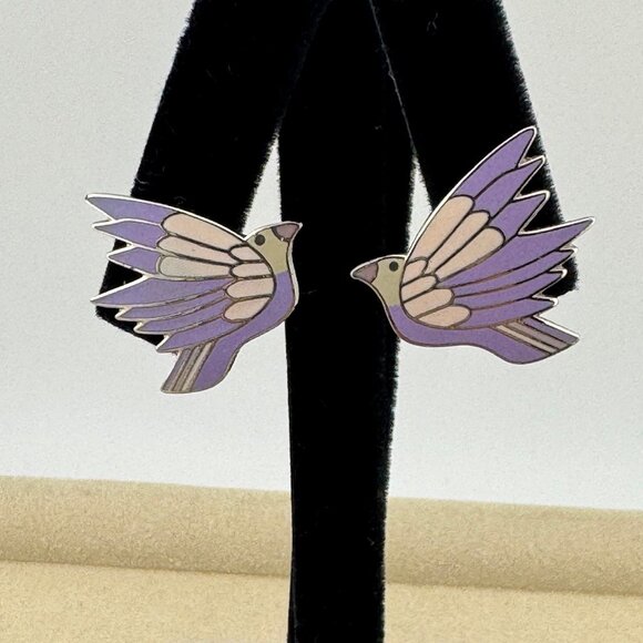 Vintage LAUREL BURCH Earrings Celeste Birds Post Earrings Silver Lavender Cream - Picture 1 of 5